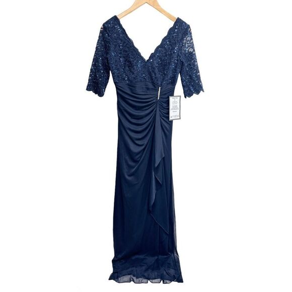 Betsy & Adam Dress Size 4 Blue Maxi Gown Sequined V Neck Short Sleeve NEW - Picture 1 of 8